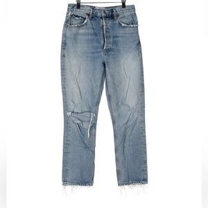 AGOLDE High Rise Straight Jeans Distressed Light Wash Cropped Raw Hem - Flawed